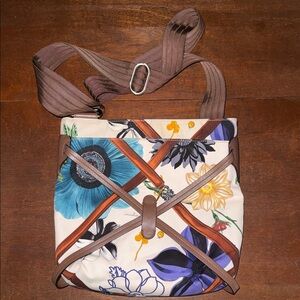 Salvatore Ferragamo Floral Crossbody with Brown Trim and Blue Accents